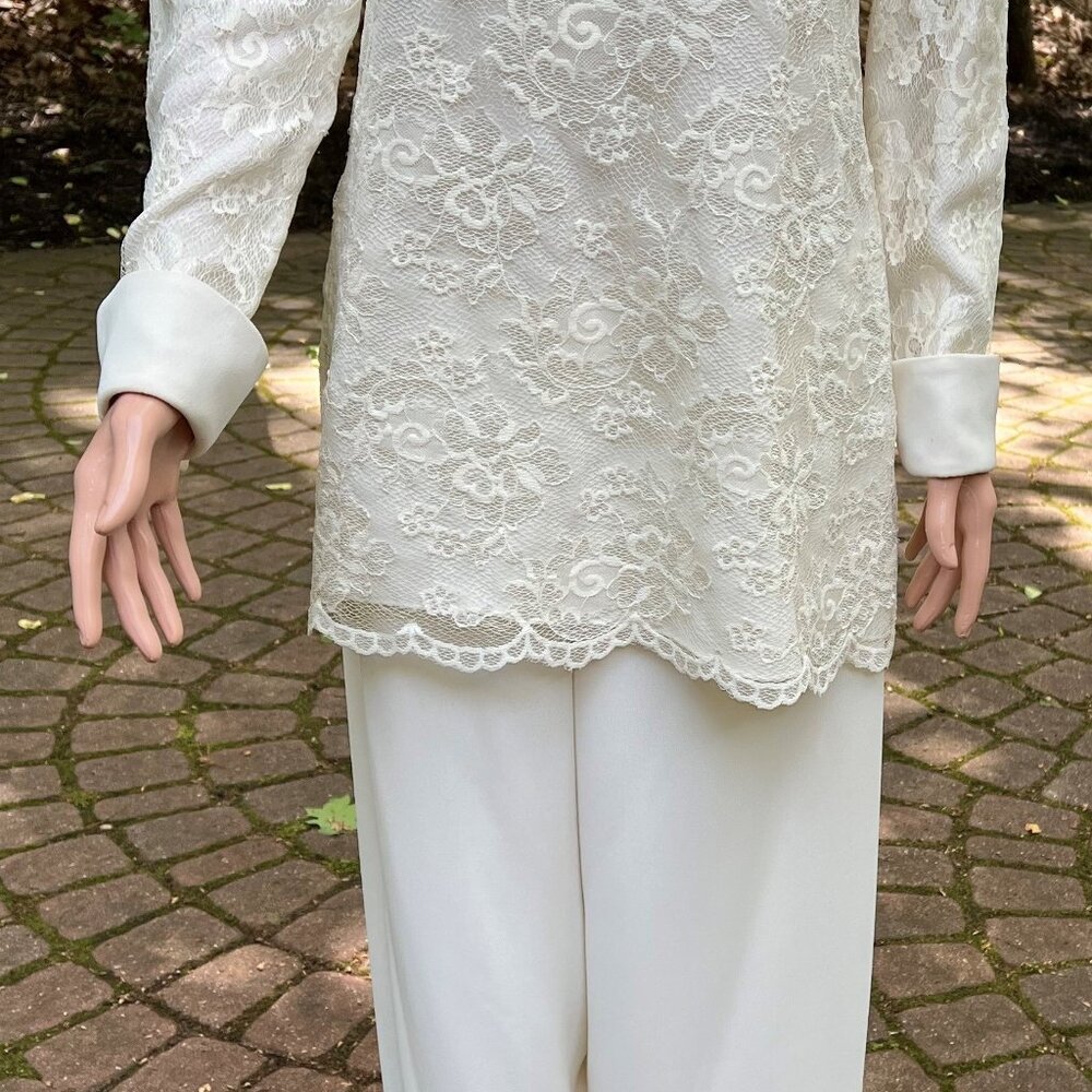 Scaasi Two-piece Ivory Off-White Lace Tunic Top and Pant Outfit Set Size 8